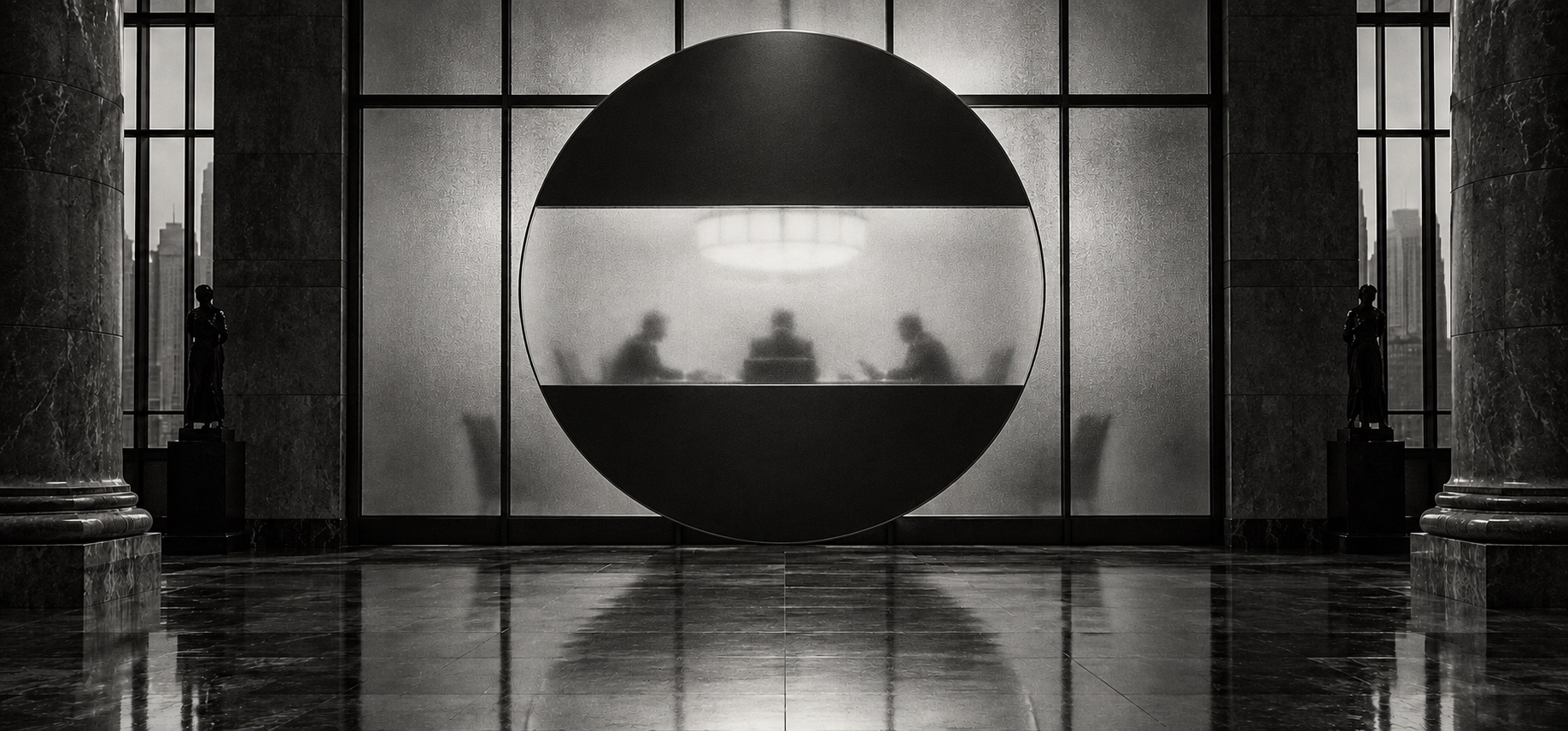 A monumental circular Fuyu symbol with a frosted-glass band concealing a boardroom in a black-and-white bank hall